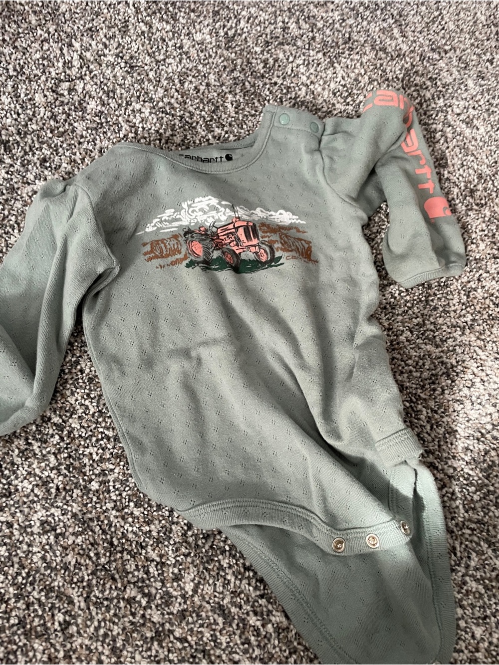 Carhartt Sage Green Long-Sleeve Baby One-Piece with Tractor Graphic